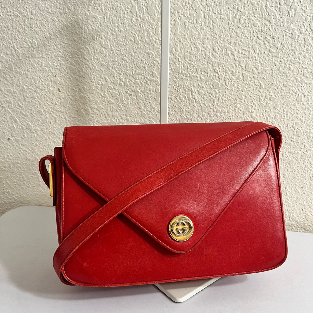 Gucci Vintage Red Leather Crossbody Bag With Gold Accent